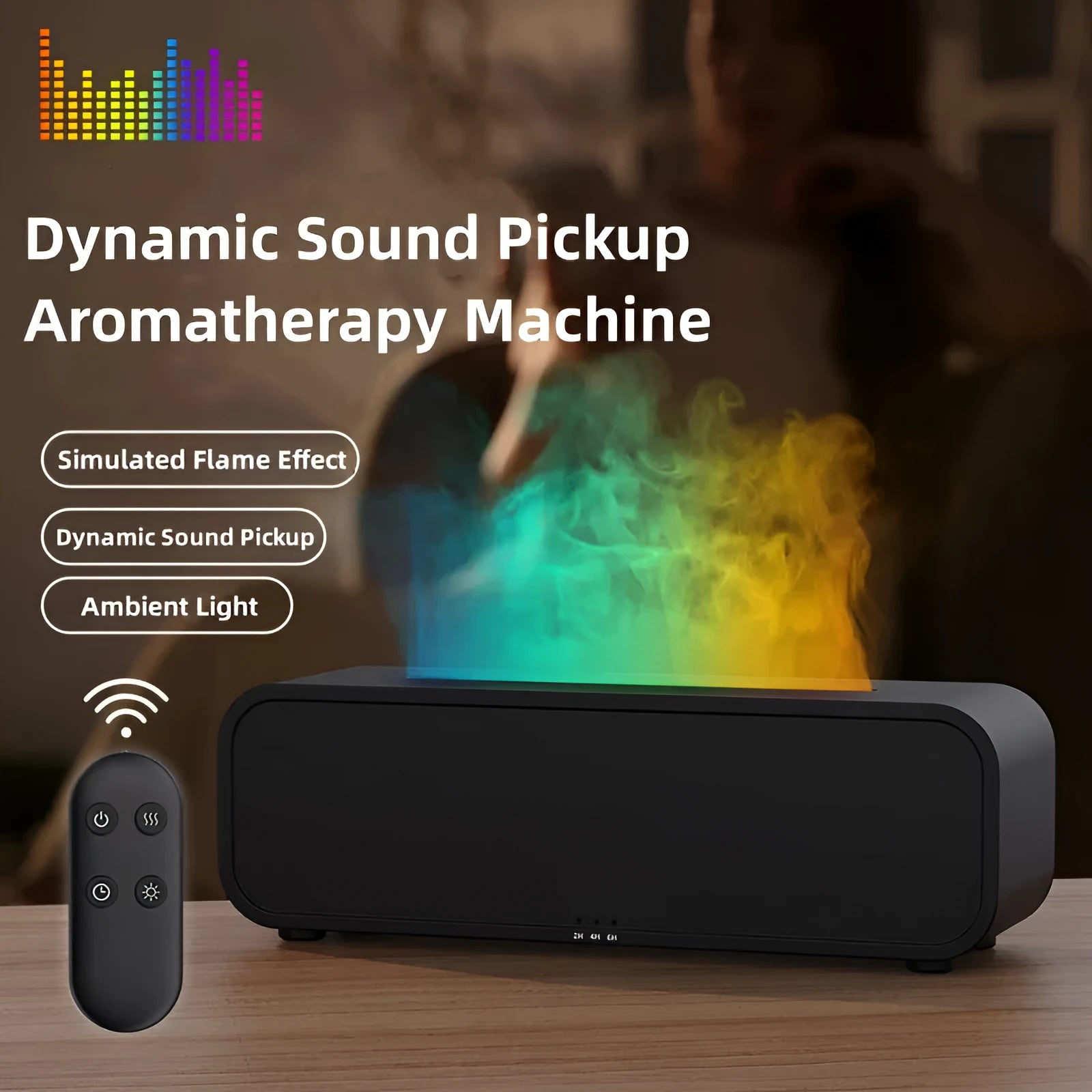 Black and white essential oil diffuser with flame effect and colour-changing lights next to remote control