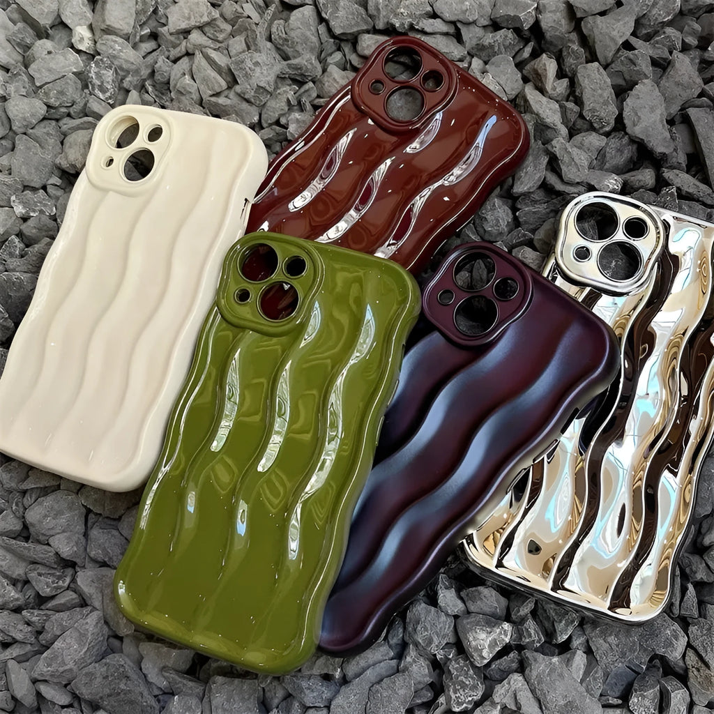 Silicone iPhone 17 case with water ripple pattern in beige, burgundy, green, silver, or purple colour