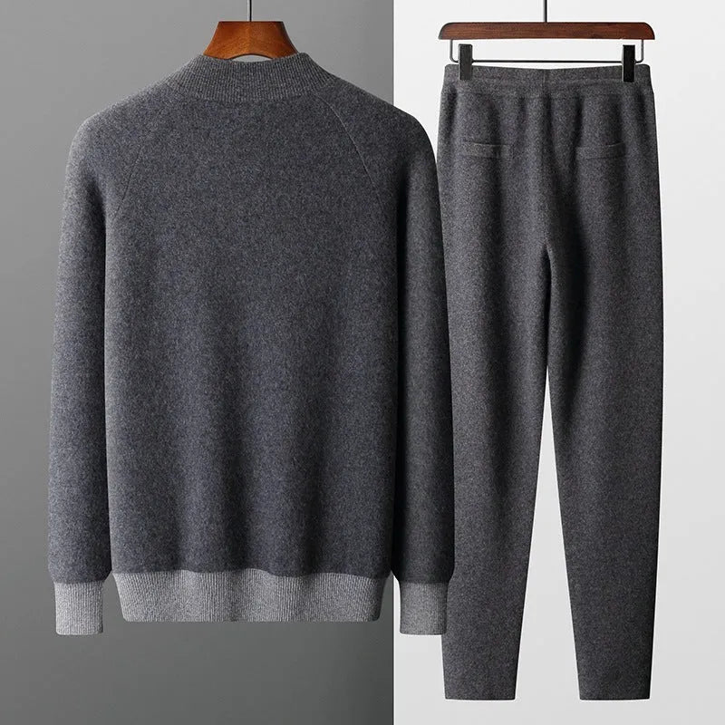 Men's camel coloured cashmere wool blend knitted cardigan suit with zip front and matching trousers.