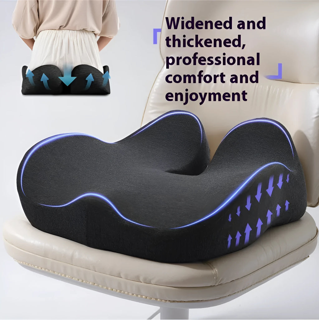 Memory foam office chair cushion in light grey, black or green colours on a chair