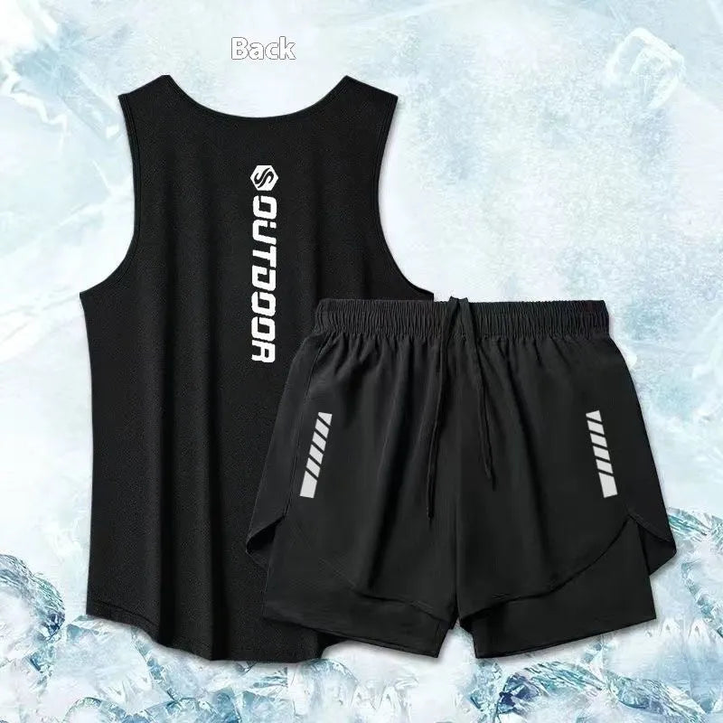 Men's sleeveless sports suit with lyocell fibre top and short skirt in black, white, and grey two-piece options
