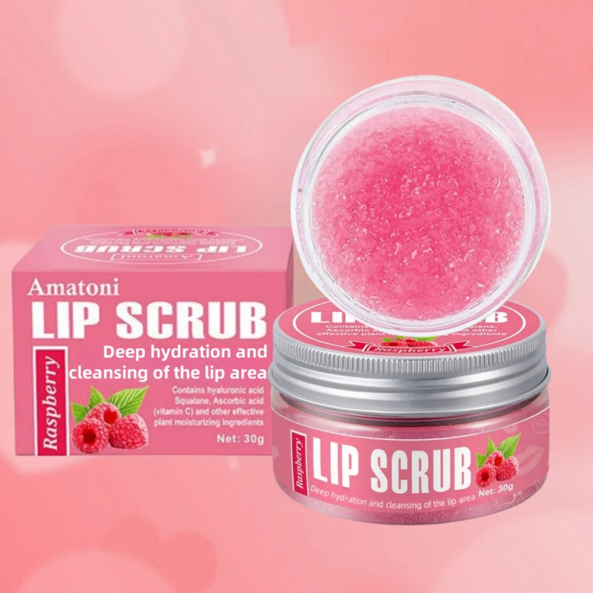 Amatoni 30g fruit flavour lip scrub cream in coconut, raspberry, vanilla or watermelon
