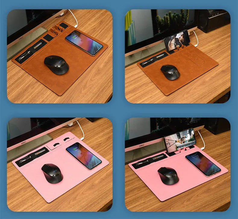 PU leather wireless charging mouse pad with phone holder in black colour