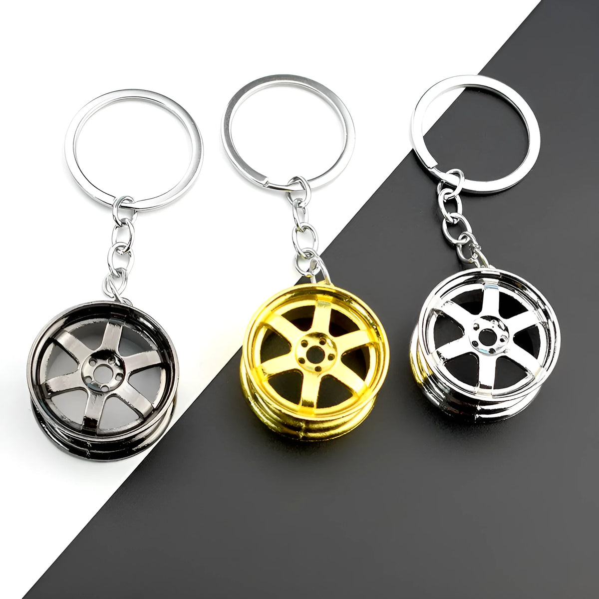 Creative car modification wheel hub metal keychain in gold finish on a keyring