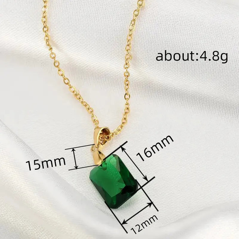 Copper geometric necklace with green rectangular pendant on O-ring chain