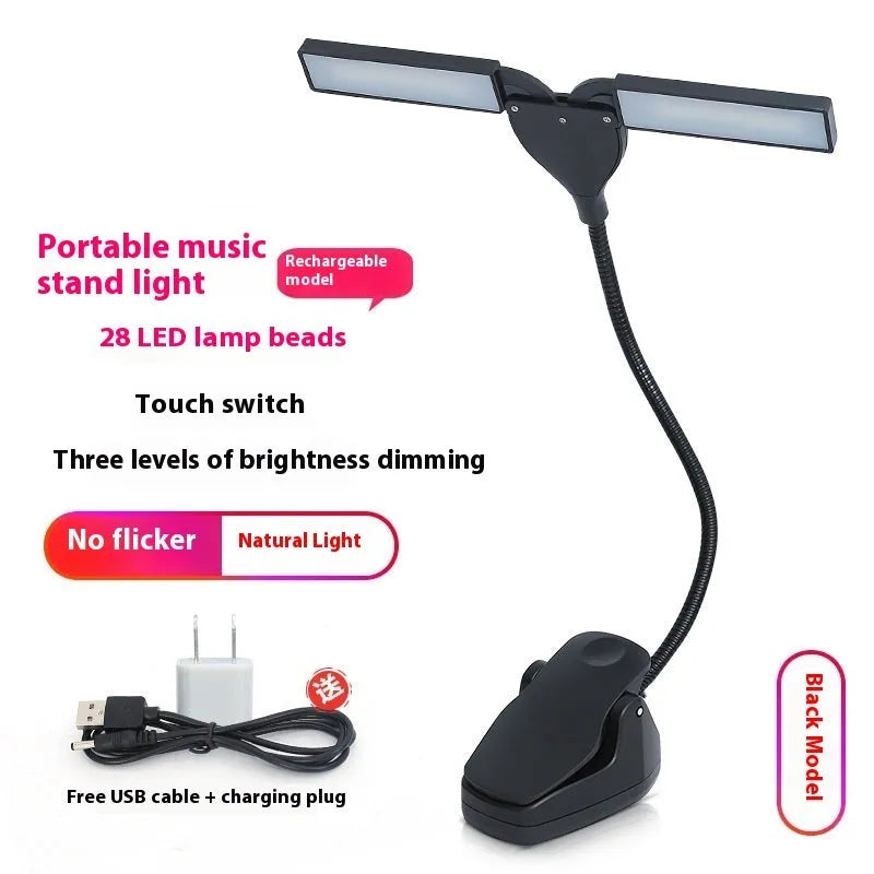 Rechargeable black music stand light with 28 LED lamps clipped to metal music stand