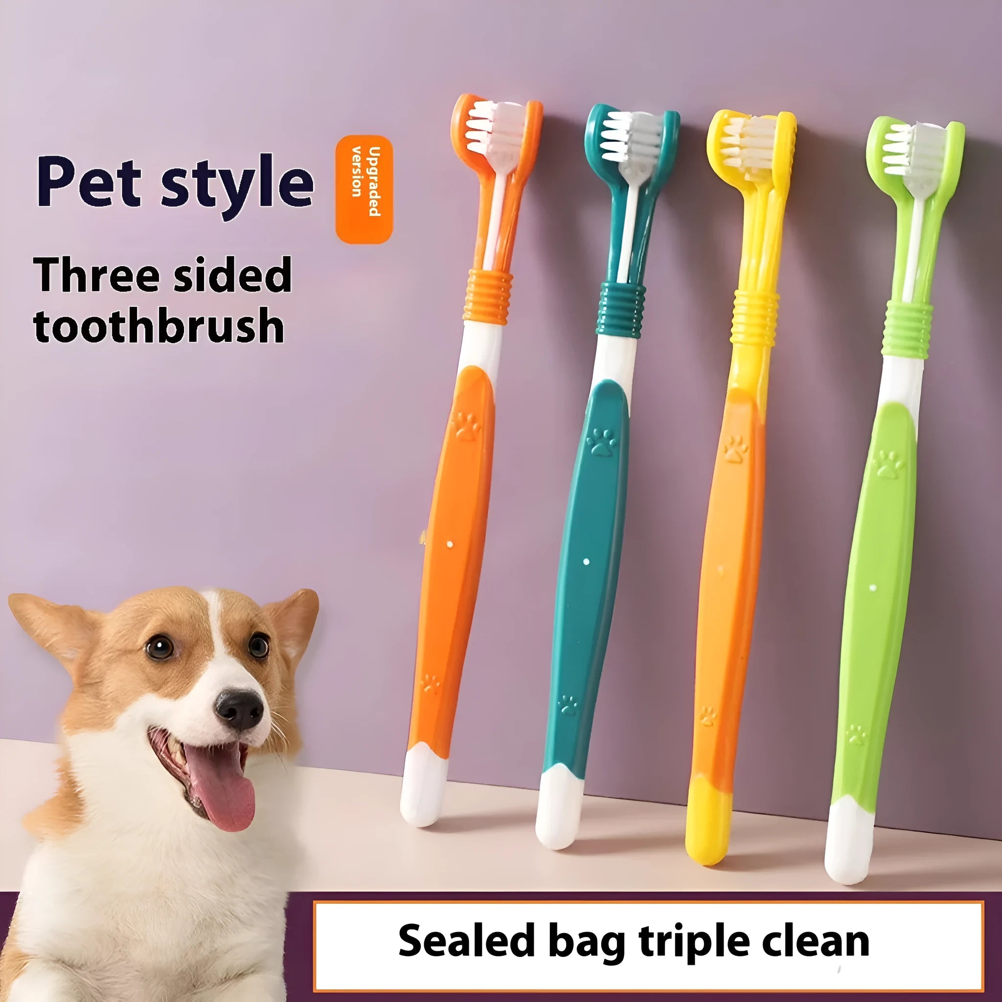 Pet toothbrush oral cleaning product with plastic handle and nylon bristles in assorted colours
