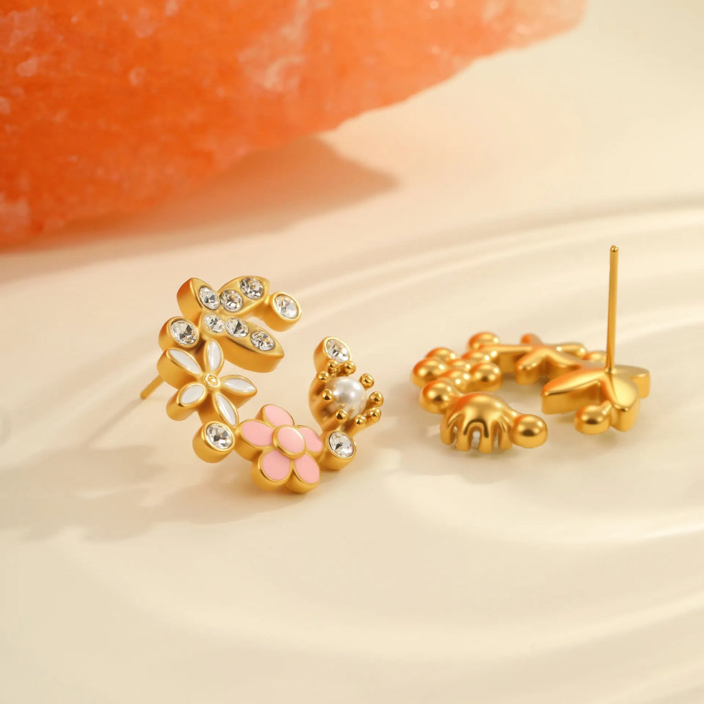 Colourful flower stud earrings with petal design in 18K stainless steel