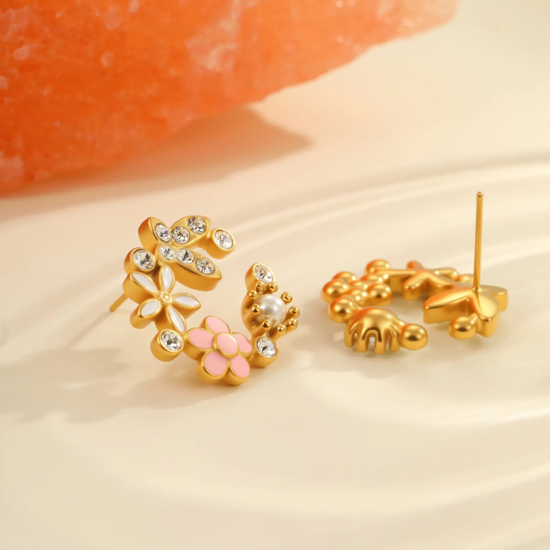 Colourful flower stud earrings with petal design in 18K stainless steel