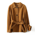 Retro cashmere coat with Peter Pan collar and leather stitching details in genuine leather wool