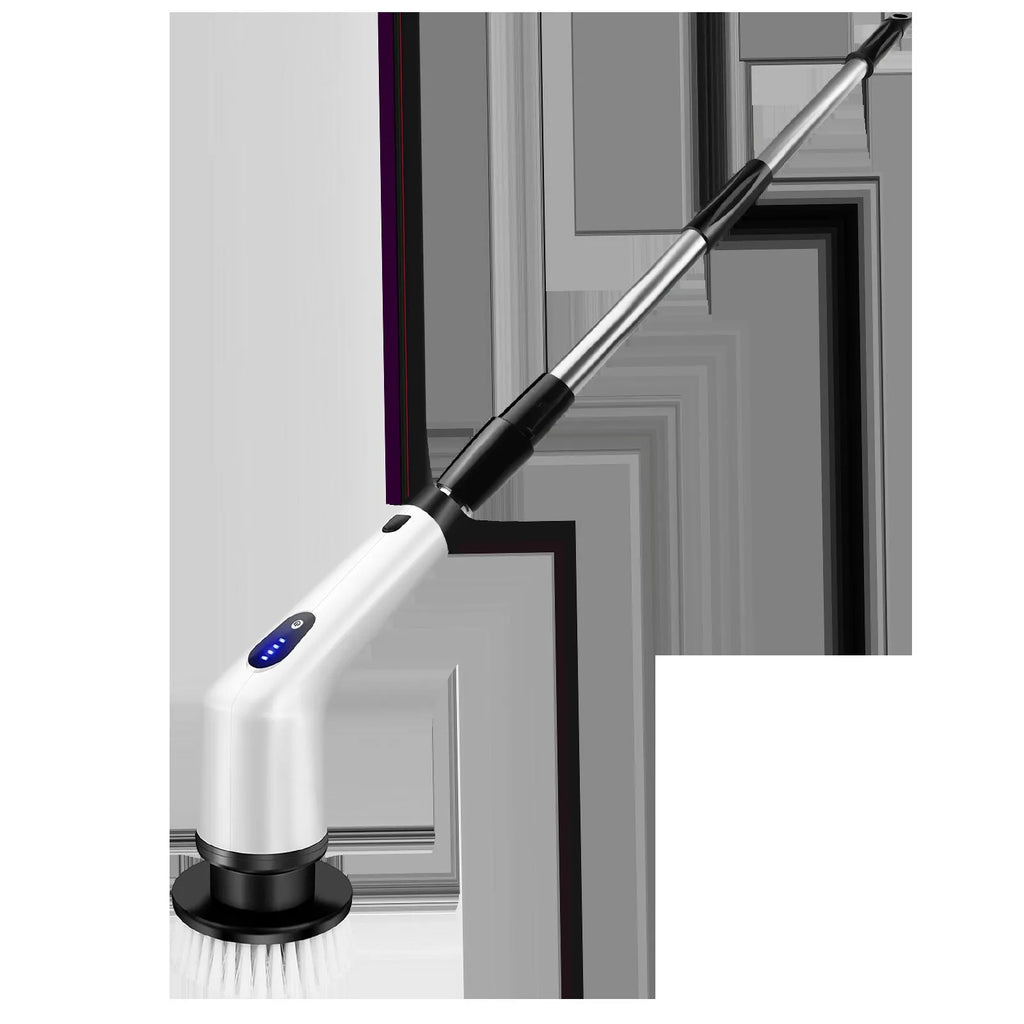 White handheld cleaning brush with lithium battery and multiple cleaning accessories
