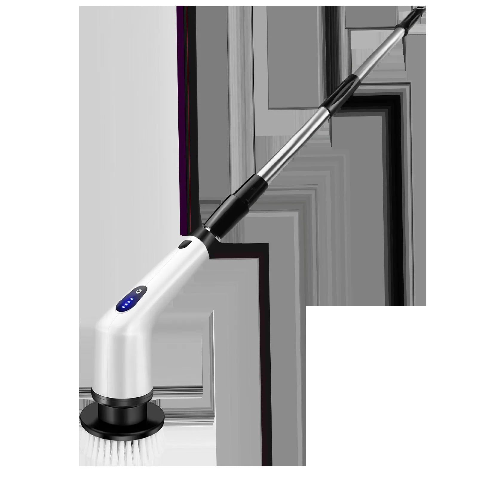 White handheld cleaning brush with lithium battery and multiple cleaning accessories