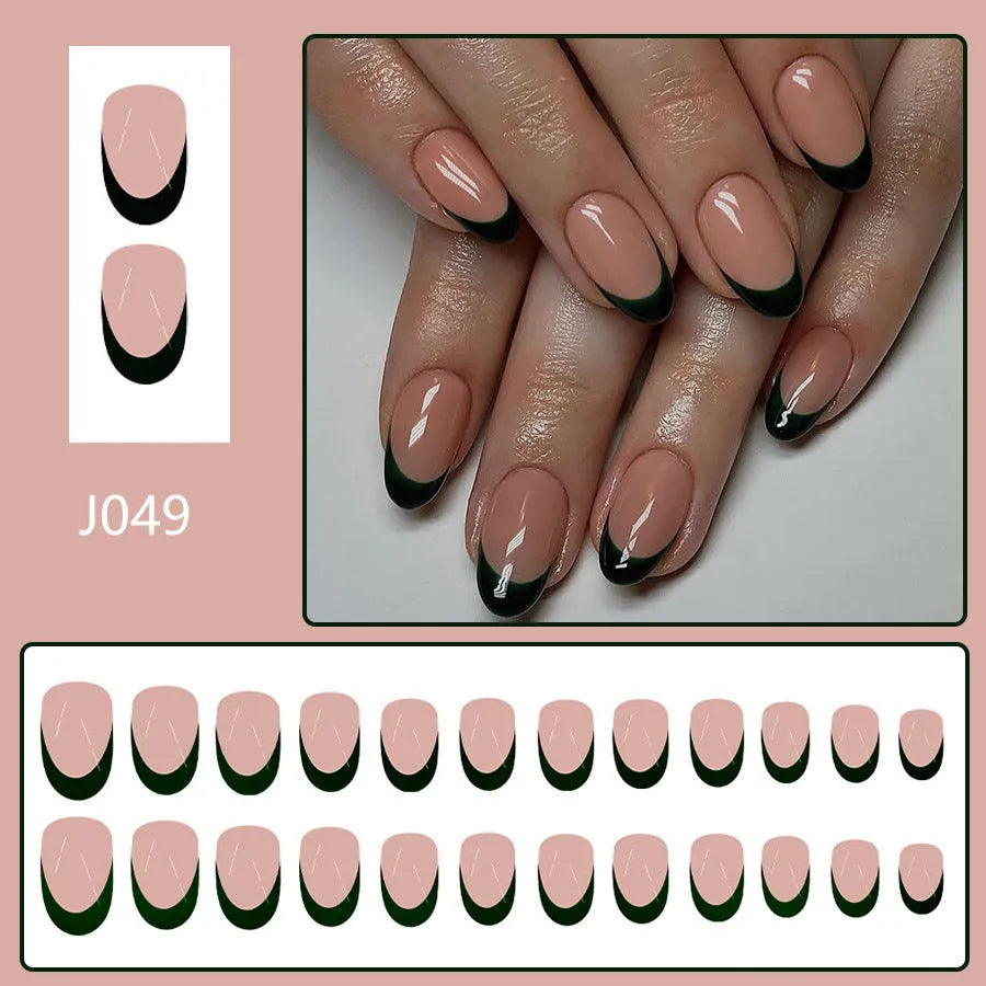 24 black French style false nails with short almond shape arranged on a card