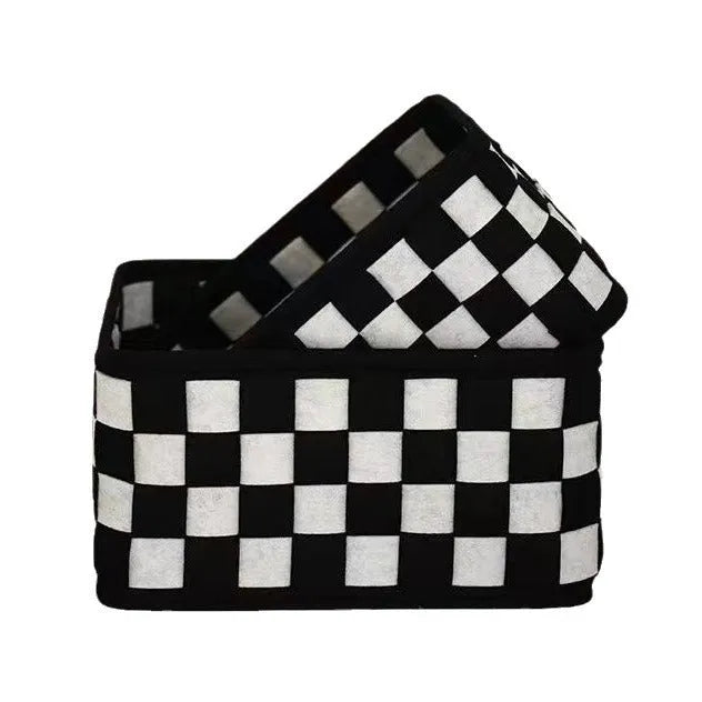 Checkerboard pattern woven felt folding storage basket shown with dimensions 37cm by 29cm by 19.5cm