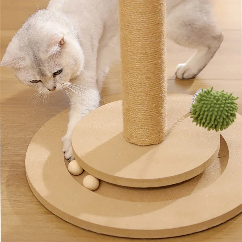 Vertical cat climbing frame with canna-coloured hemp rope scratching posts and density board platforms