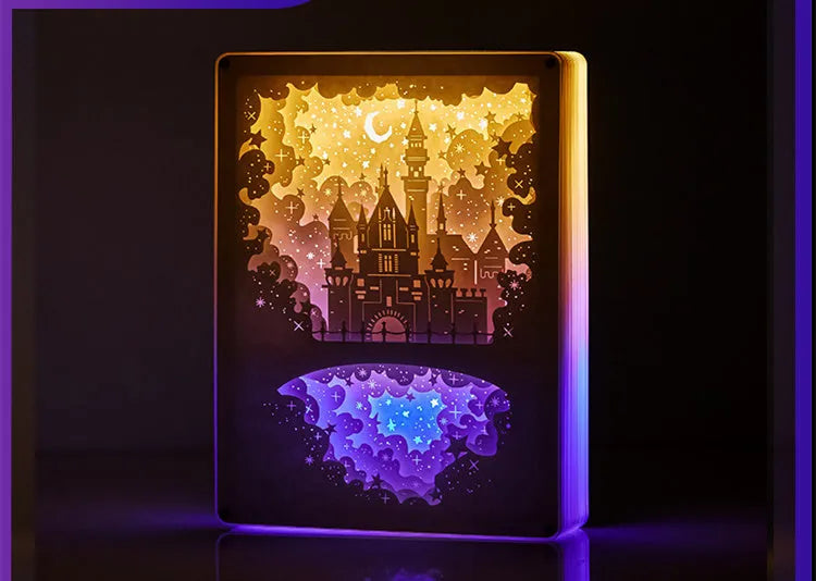 Paper carving design USB night light with remote control in ABS frame showing soft yellow and purple illumination options