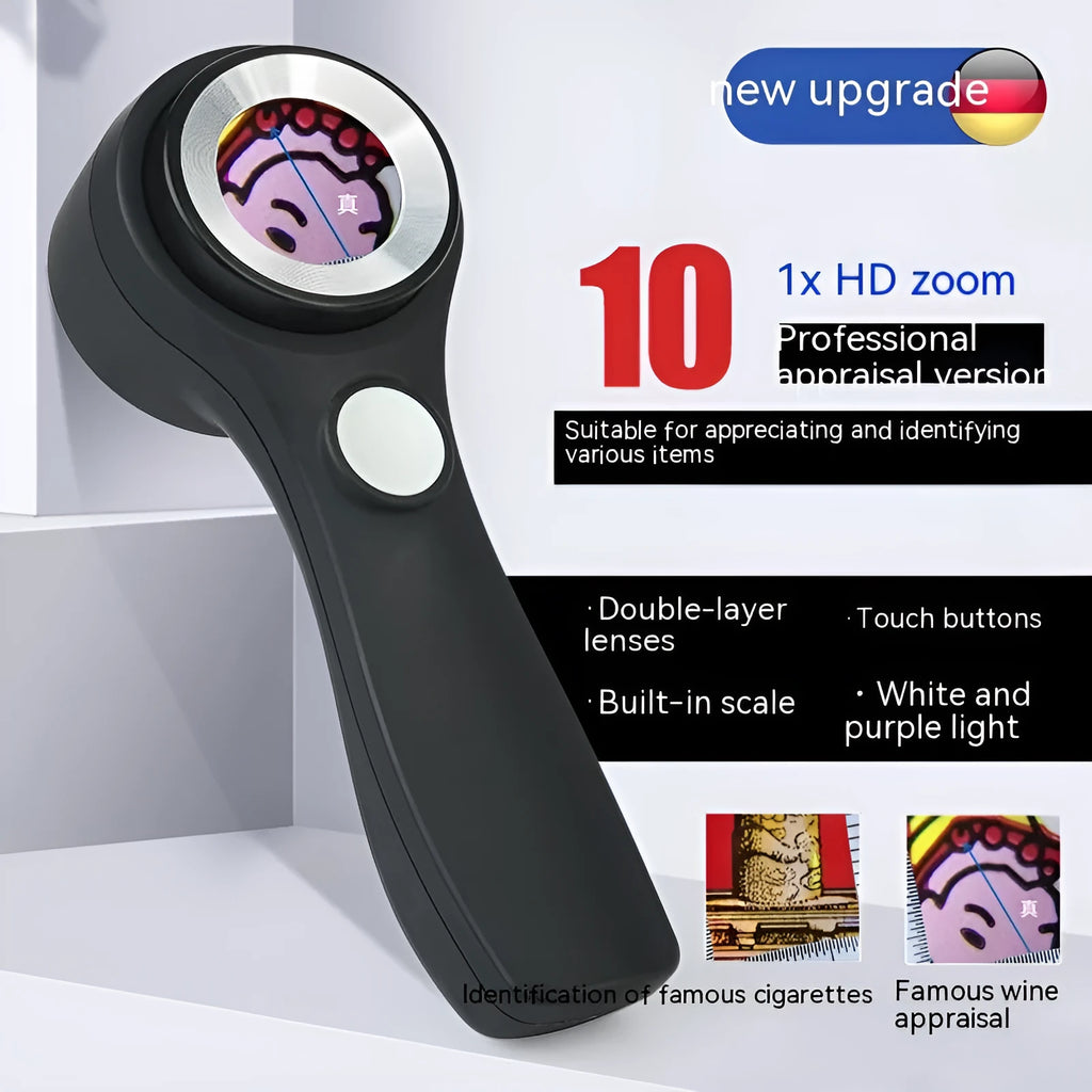 Black and silver handheld appraisal magnifying glass with optical glass lens and USB-C cable on a table.