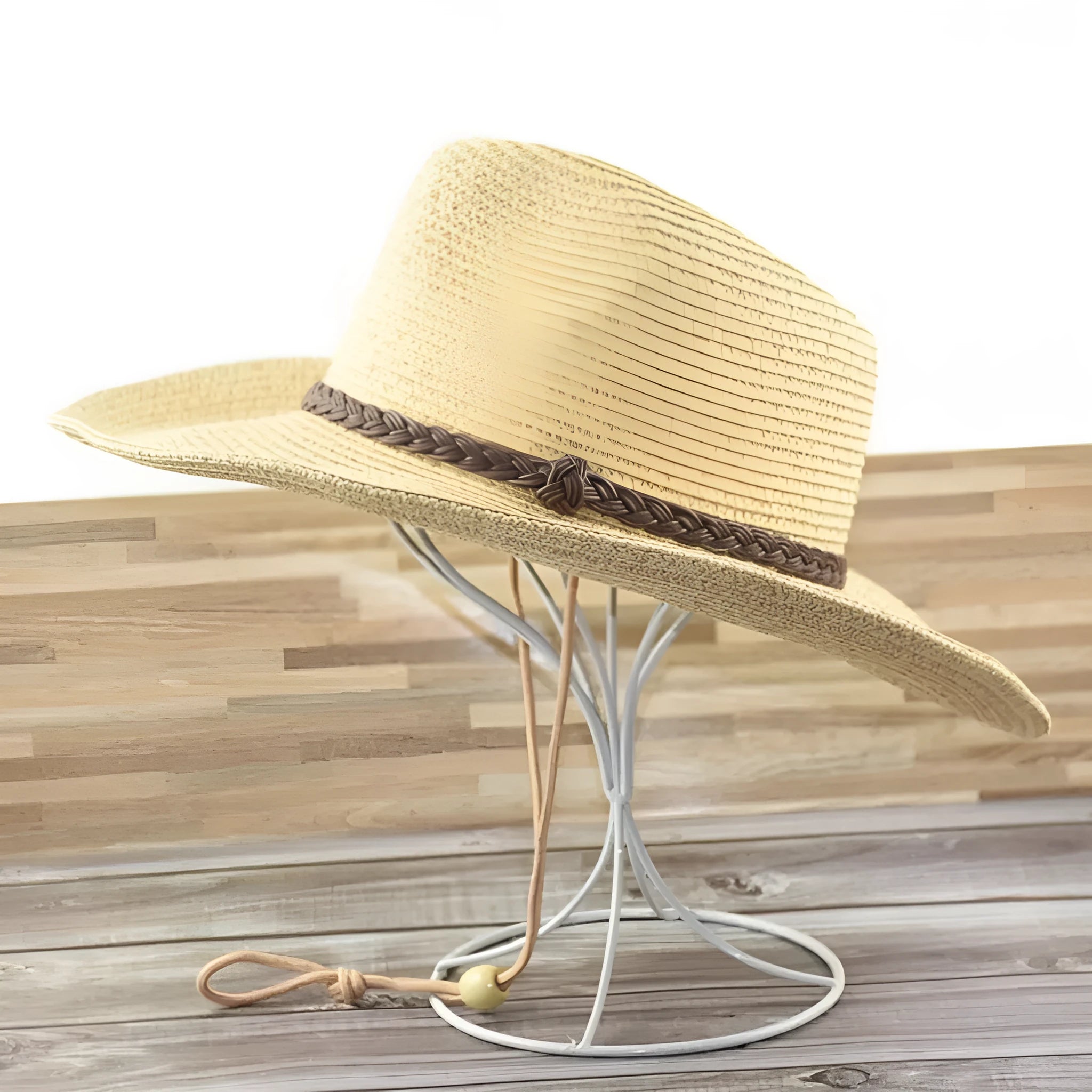 Men's foldable straw sun hat with large brim in beige colour on wooden surface