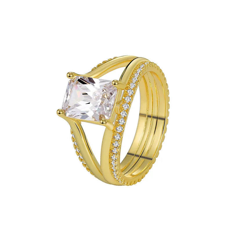 Gold geometric women's ring with square zircon stone shown in European simple luxury design