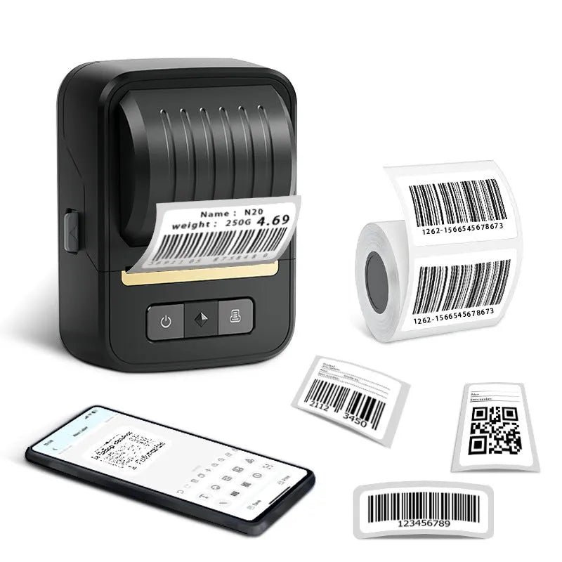 Black Bluetooth portable thermal label printer with a Type-C charging port and a roll of 40x30mm labels visible