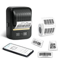 Black Bluetooth portable thermal label printer with a Type-C charging port and a roll of 40x30mm labels visible