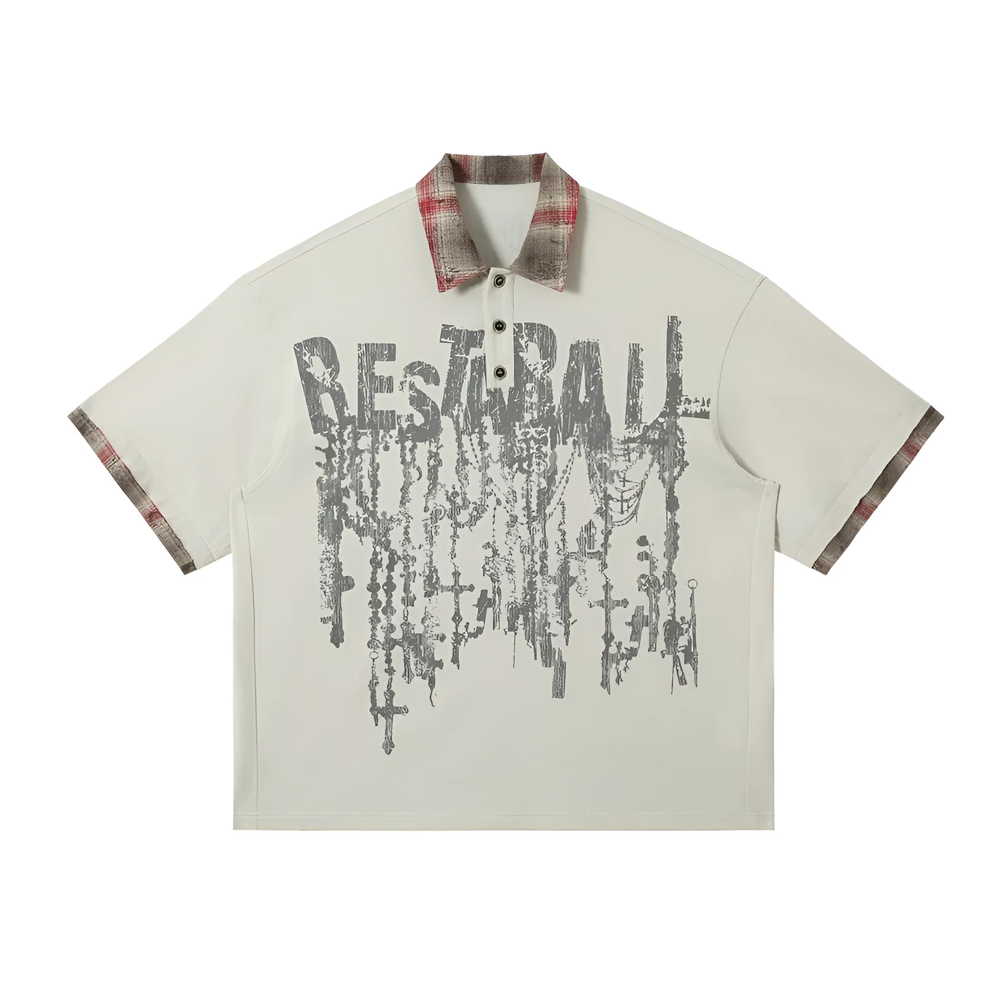 Men's loose blue cotton top with graffiti print on lapel and asymmetrical streetwear design.