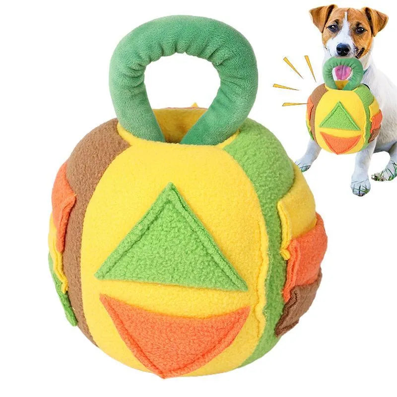 Green and pink plush squeaky ball dog toy with treat pockets for small medium dogs