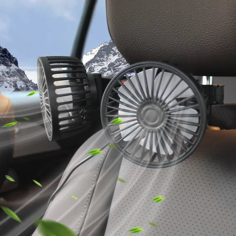 Black car USB rear electric fan with single head and adjustable settings for vehicle passenger cooling