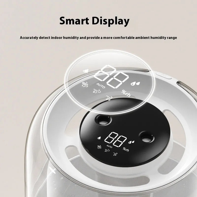 Beige round USB humidifier with dual spray outlets, humidity display, and night light on a table.