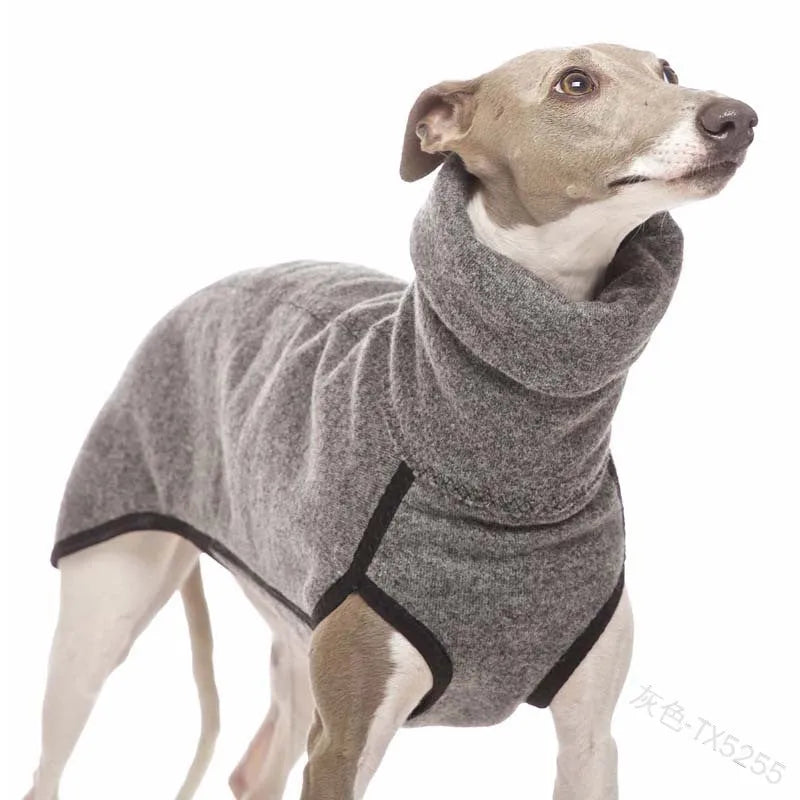 Bunny fleece two-legged dog jumper with high collar and hedging, available in seven colours, sizes S to 5XL.
