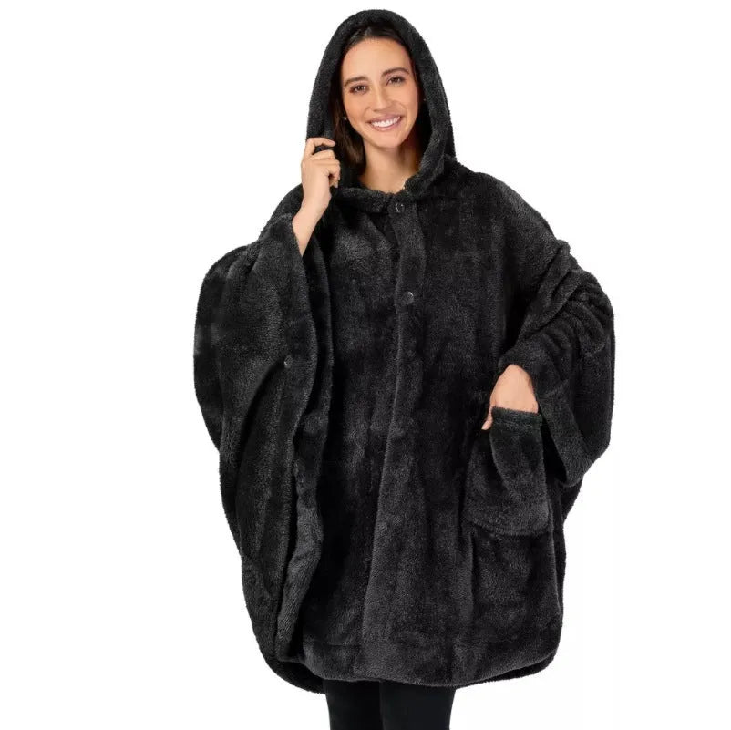 A thick hooded polyester bathrobe in a cardigan style with long sleeves, shown in a solid colour.