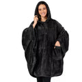 A thick hooded polyester bathrobe in a cardigan style with long sleeves, shown in a solid colour.