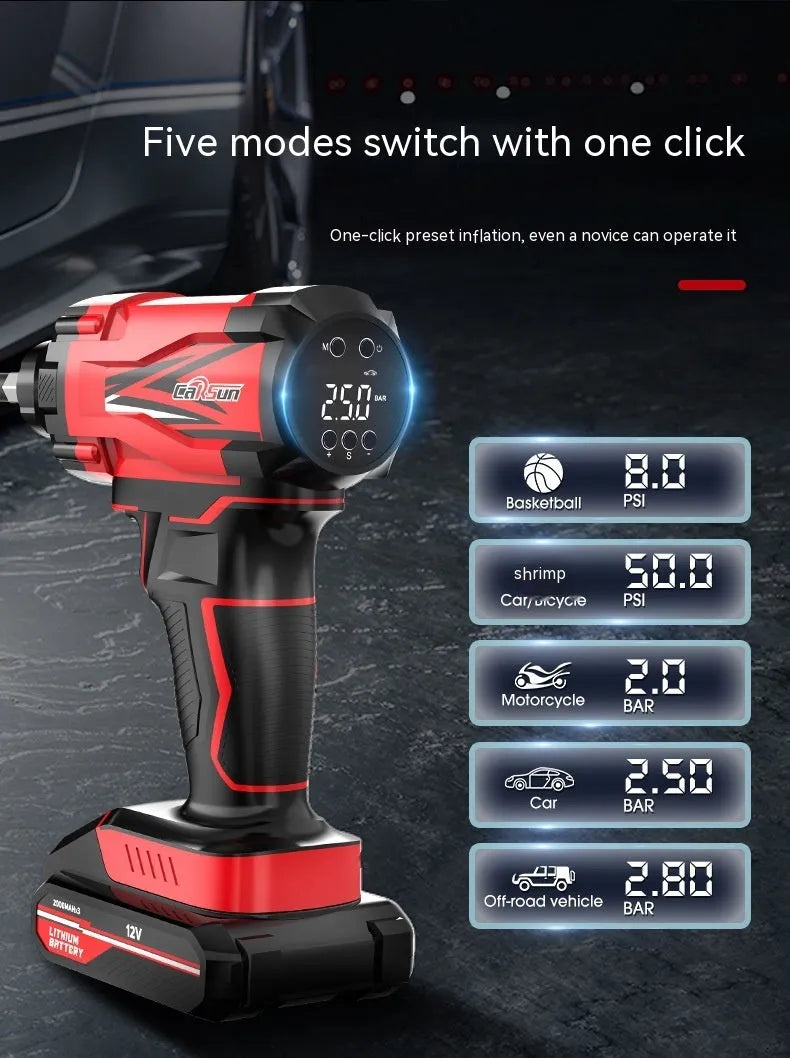 Red and black portable car tyre air pump with power cable and multiple nozzle attachments