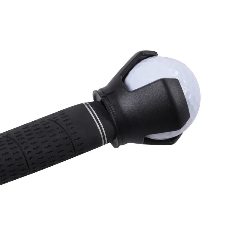 Black golf ball picker device with putter-style collecting seat and clip mechanism
