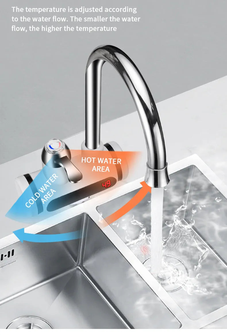 White kitchen electric instant water heater tap with digital temperature display.