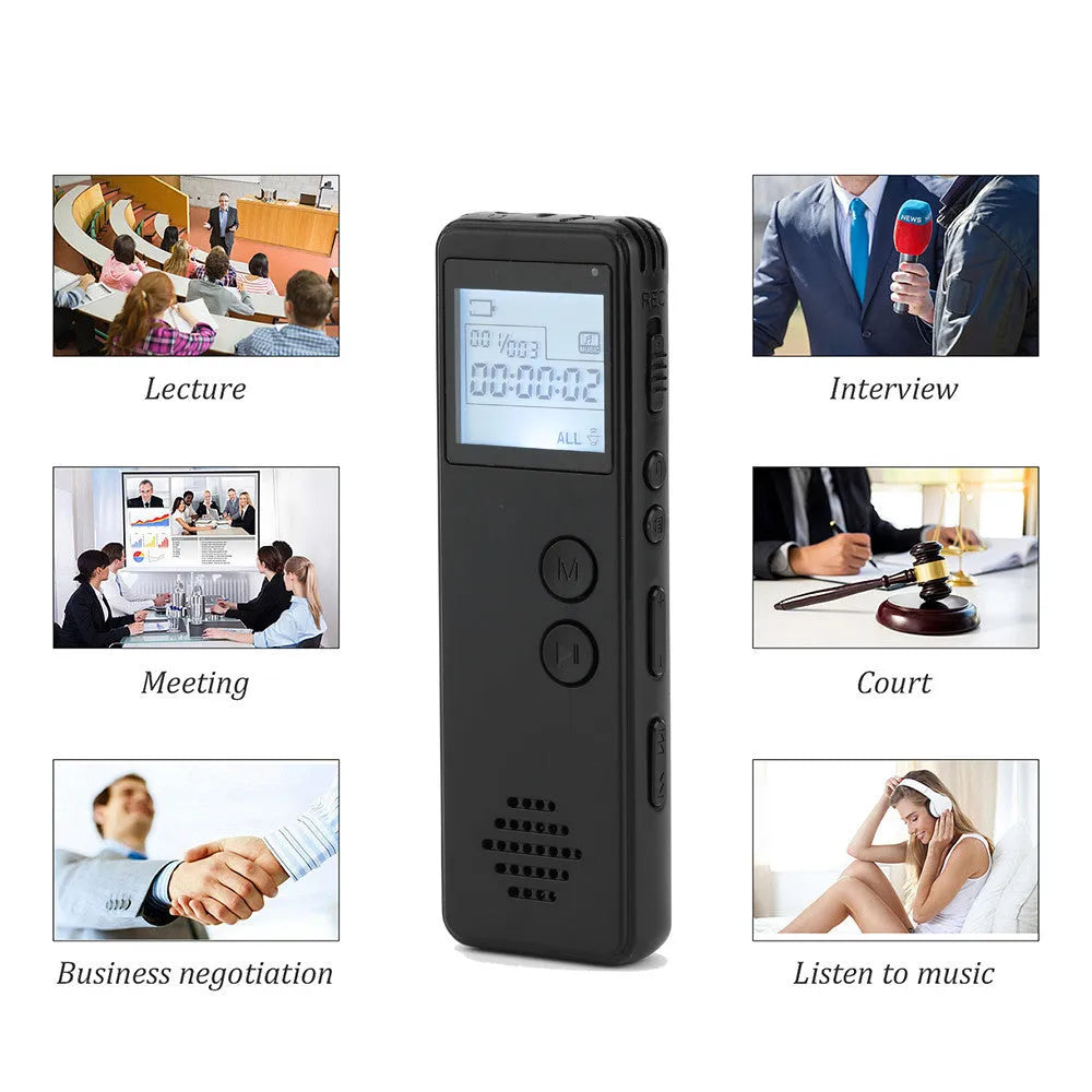 Black digital voice recorder with screen and buttons for MP3 recording