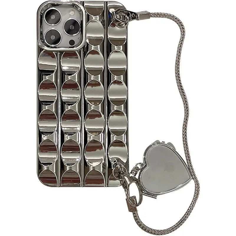 Electroplated silver heart mirror silicone phone case for iPhone 11 to 15 Pro Max with fall protection