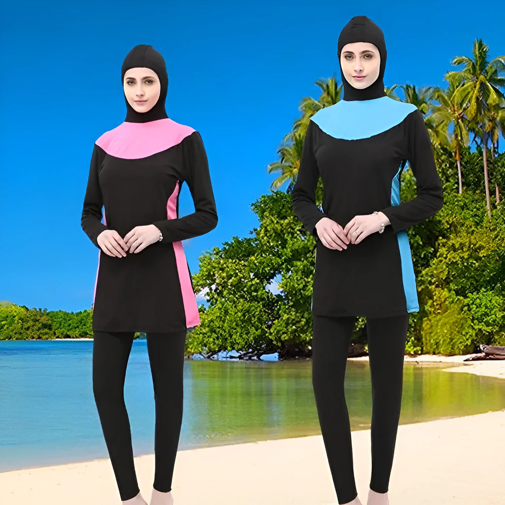 Women's conservative long sleeve hooded one-piece swimsuit in black with coloured accents.