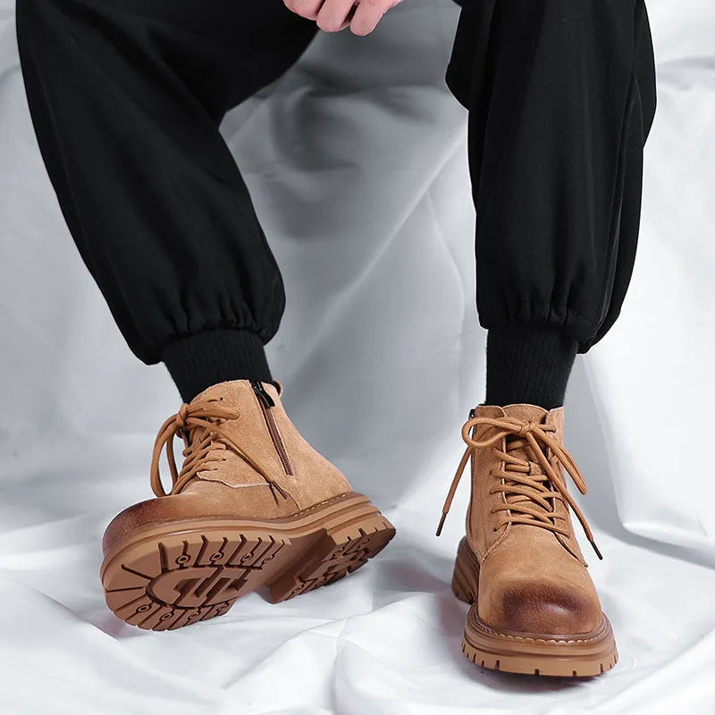 Men's camouflage high-top leather boots with zipper, low heel, round toe, and non-slip rubber sole in gray colour option