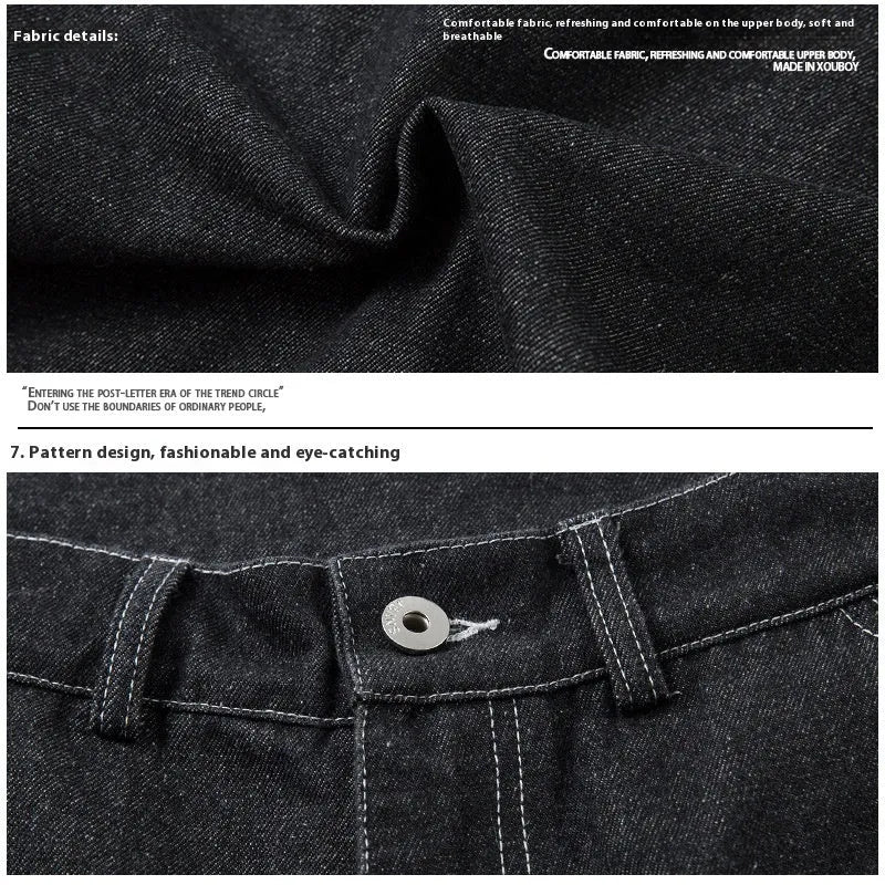 Black multi-pocket pleated workwear jeans with zip placket closure on mannequin