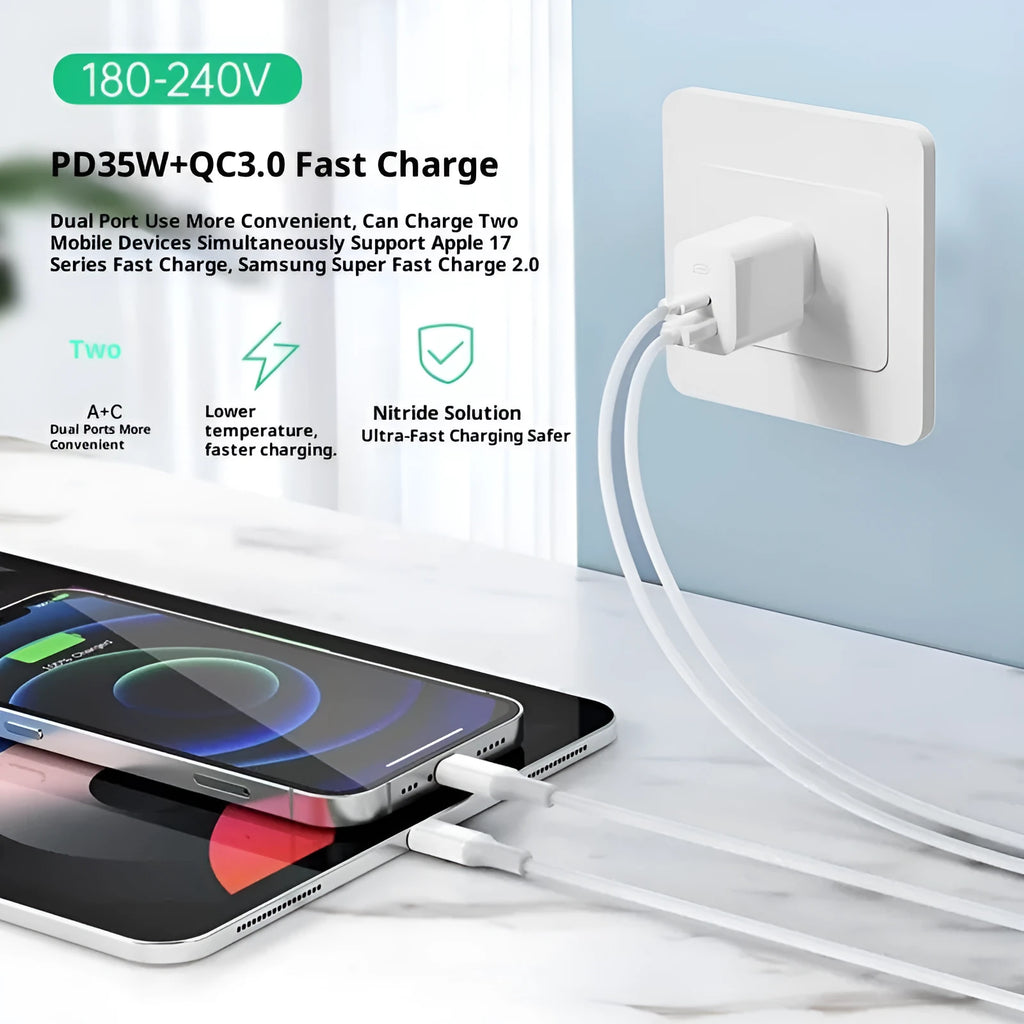 35W European standard multi-port charger with USB-A and Type-C ports, black colour, front view