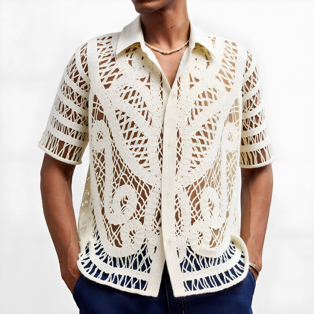 Men's hollow crochet short sleeve cardigan polo shirt in apricot acrylic knit for casual summer wear.