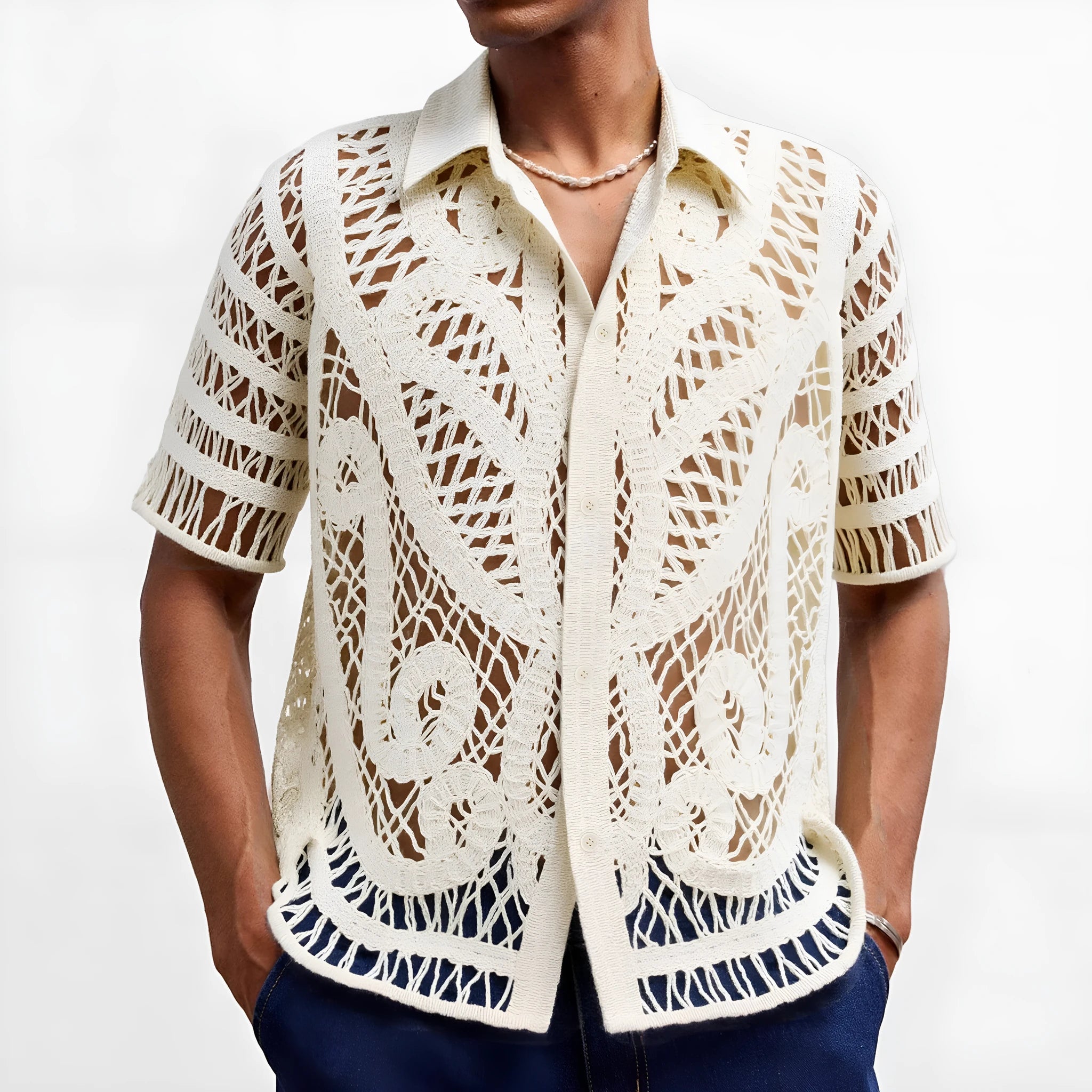 Men's hollow crochet short sleeve cardigan polo shirt in apricot acrylic knit for casual summer wear.