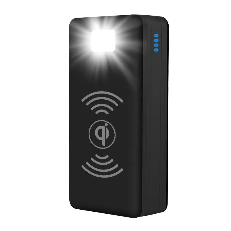 Large capacity solar wireless power bank in black with plastic shell and solar panel on front face