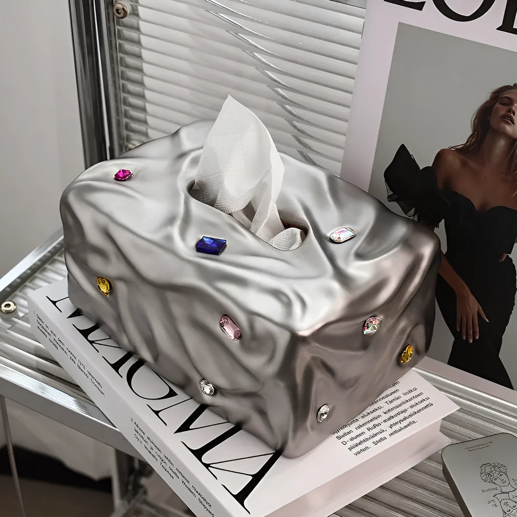 Ceramic tissue box in matte white or silver luxury finish for home decor.