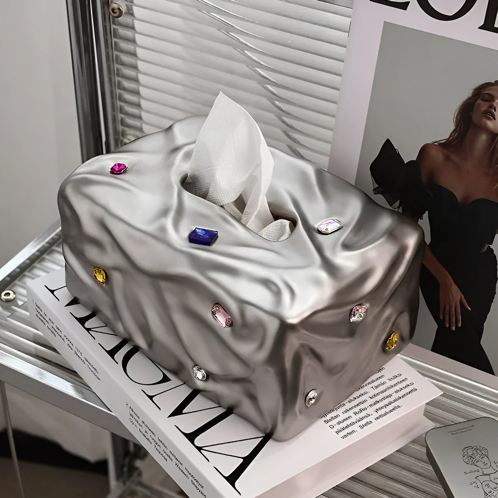 Ceramic tissue box in matte white or silver luxury finish for home decor.