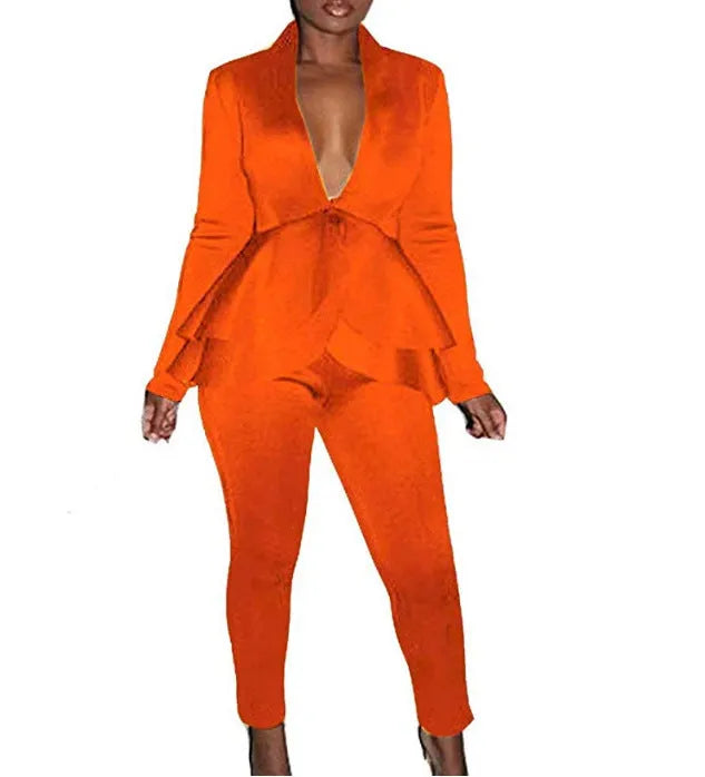 Women's business casual uniform set with ruffled top and pencil pants in eight colour options