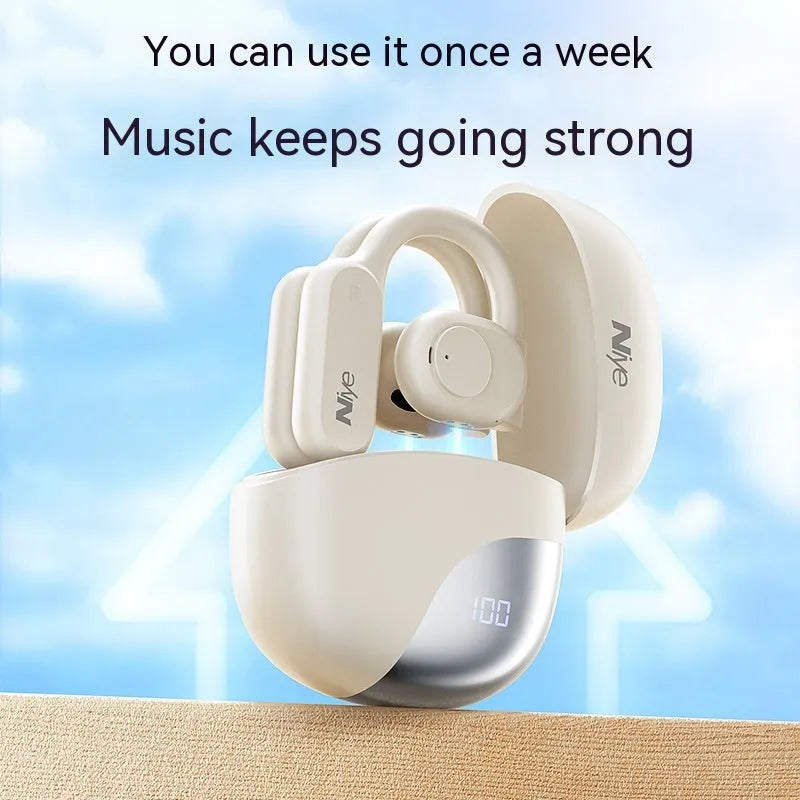 Bone conduction wireless ear clip headphones in black with ear hook design and digital display