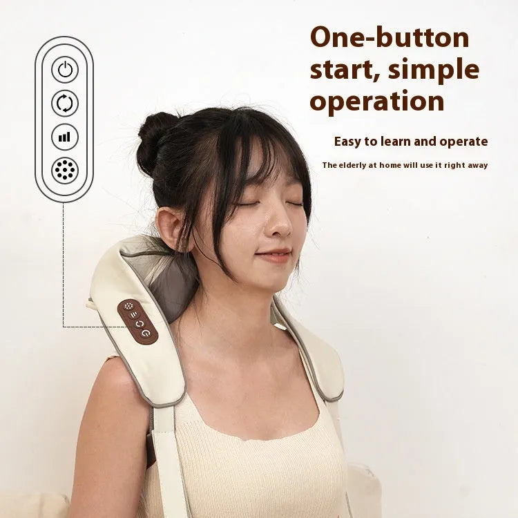 Blue foldable electric neck and back massager with heat settings on a table
