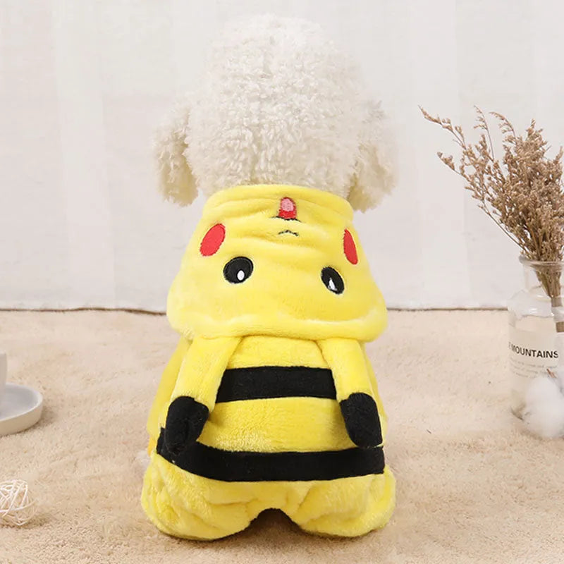 A cat or small dog wearing a soft fleece hoodie coat in a cartoon cosplay style.